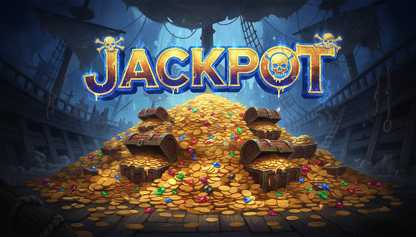 pile of gold coins and a glowing jackpot sign